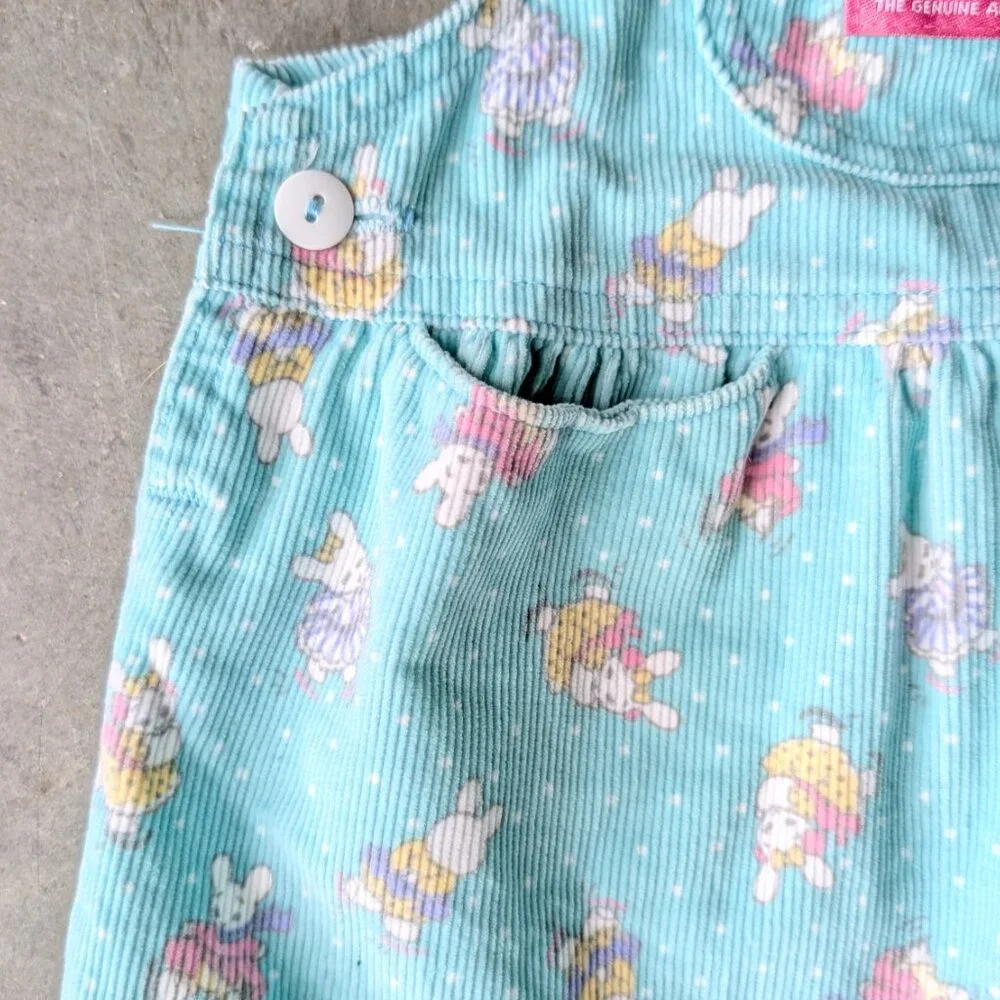 Vintage Oshkosh B'Gosh Teal Corduroy Bunny Rabbit Pattern Overall Dress size 4T